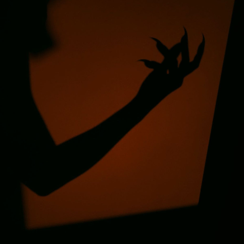 A black silhouette of a person's arm and hand casting a claw-like shadow on a warm orange-brown background.